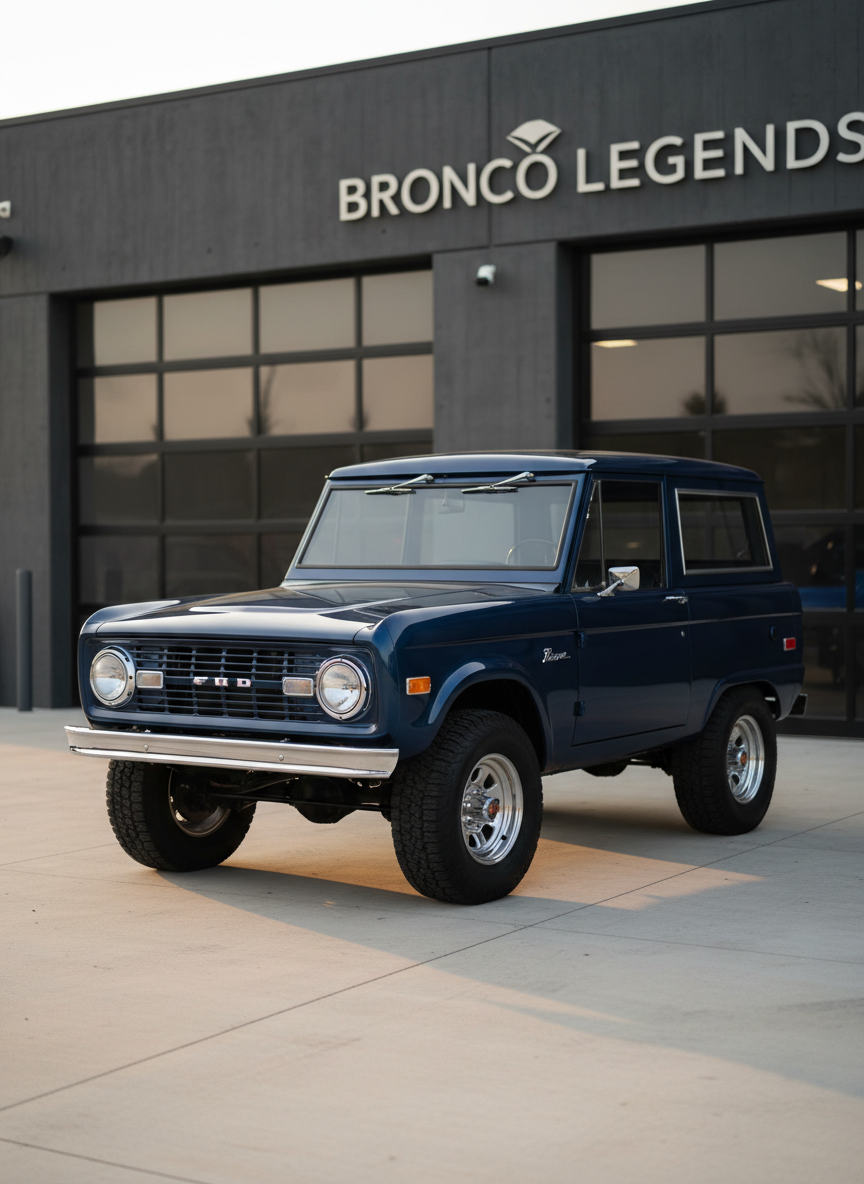 A meticulously restored classic early Ford Bronco in deep metallic navy blue, with gleaming chrome bumpers, iconic round headlights, and polished aluminum wheels, parked at a slight angle in front of a modern industrial garage. The paint reflects the soft golden hour sunlight, creating crisp highlights along the body lines and subtle shadows under the lifted stance. The clean concrete foreground leads the eye to the Bronco, with the background tastefully blurred in photographic realism. Shot at eye level with a slight three-quarter front view, the composition is professional and balanced, conveying reliability and premium quality for a high-end classic Bronco dealership website.