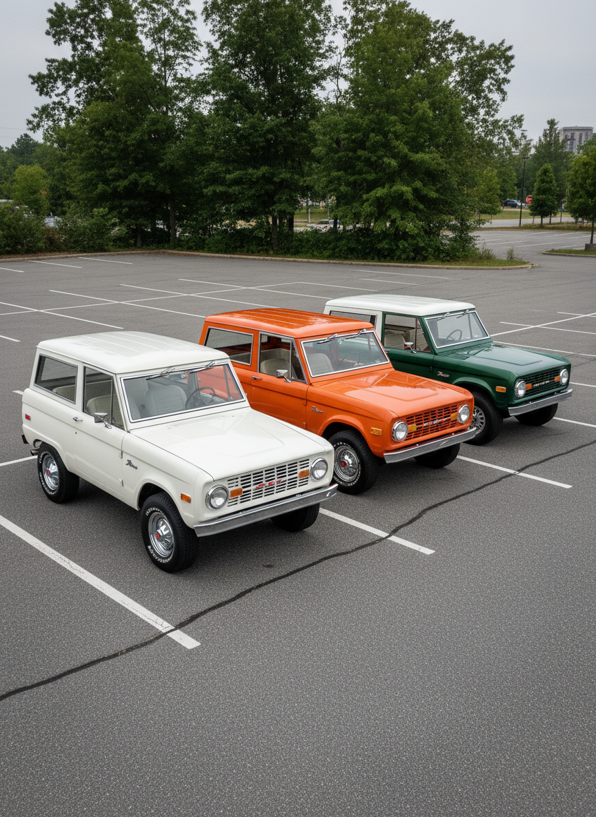 A lineup of three early Ford Broncos in different factory-inspired colors—Wimbledon white, vintage orange, and forest green—parked diagonally in a clean outdoor lot with neatly striped asphalt. Each Bronco has distinct details like period-correct hubcaps, chrome trim, and a removable hardtop, all captured in crisp photographic realism. Soft, bright overcast daylight minimizes harsh shadows and evenly illuminates the paint and bodywork. The camera is positioned at a slightly elevated angle, using the rule of thirds so the Broncos stretch into the distance, while the background fades into a gentle bokeh of trees and distant buildings. The mood is professional, trustworthy, and curated, ideal for showcasing inventory variety on a classic Bronco sales site.