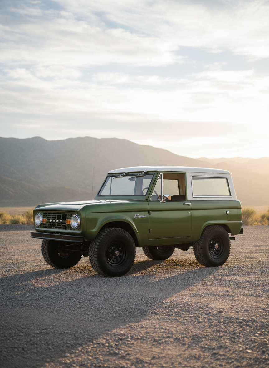 An early Ford Bronco with a tasteful mild off-road build, featuring a satin olive green paint job, black steel wheels with all-terrain tires, a modest lift, and a white hardtop, parked on a smooth gravel turnout overlooking a distant mountain range. The late afternoon sun casts a warm, directional light from the side, creating defined but soft shadows under the vehicle and subtle rim lighting along the roofline. The foreground shows textured gravel in sharp focus, while the background mountains and sky gradually blur, adding depth in photographic realism. The Bronco is framed in the lower third, emphasizing both the vehicle and the expansive landscape, conveying capability, adventure, and refined professionalism.