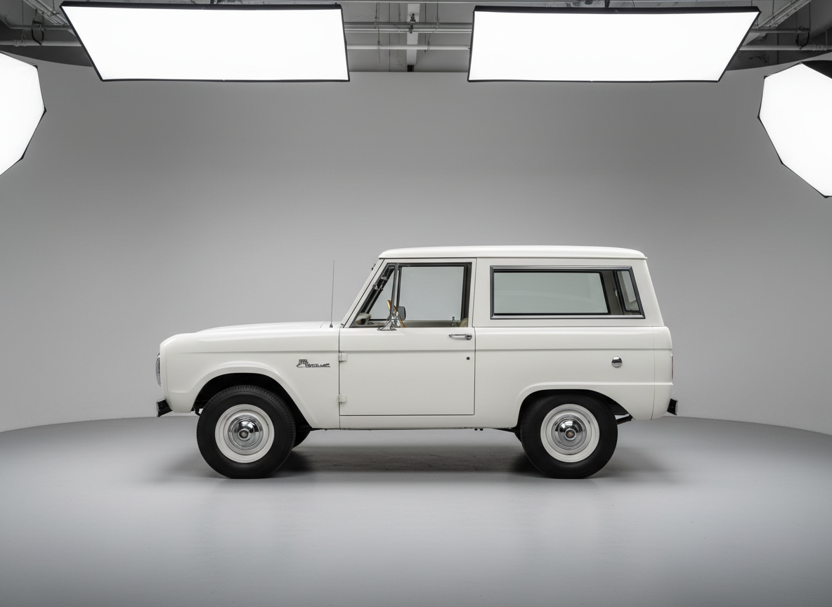 A minimalist, professional hero shot of a fully restored early Ford Bronco in classic Wimbledon white, positioned perfectly centered in a large, clean studio space with a seamless light gray backdrop. The vehicle is captured in full profile from the driver’s side, showcasing its timeless boxy silhouette, chrome mirrors, and period-correct steel wheels. Soft, even studio lighting from large diffusers above and to the side eliminates harsh shadows and provides gentle reflections on the glossy paint. The floor is a subtle matte concrete, barely visible, creating a floating effect. The overall mood is refined and gallery-like, emphasizing the Bronco as a premium, collectible centerpiece for a professional classic Bronco sales brand.