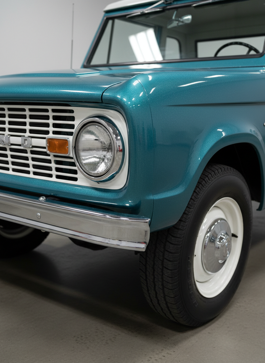 A close-up, three-quarter detail shot of an early Ford Bronco’s front end, highlighting the iconic rectangular grille with the bold ‘Bronco’ lettering, round headlights, and perfectly restored chrome bumper. The vehicle is painted in a rich, period-correct turquoise with a subtle metallic sheen. Captured in a spotless indoor showroom with smooth, matte gray flooring and neutral walls, the soft studio lighting creates controlled reflections on the paint and chrome without glare. The composition focuses tightly on the front quarter panel and wheel, with a shallow depth of field that gently blurs the rest of the truck, emphasizing craftsmanship and attention to detail for a professional, high-end photographic presentation.