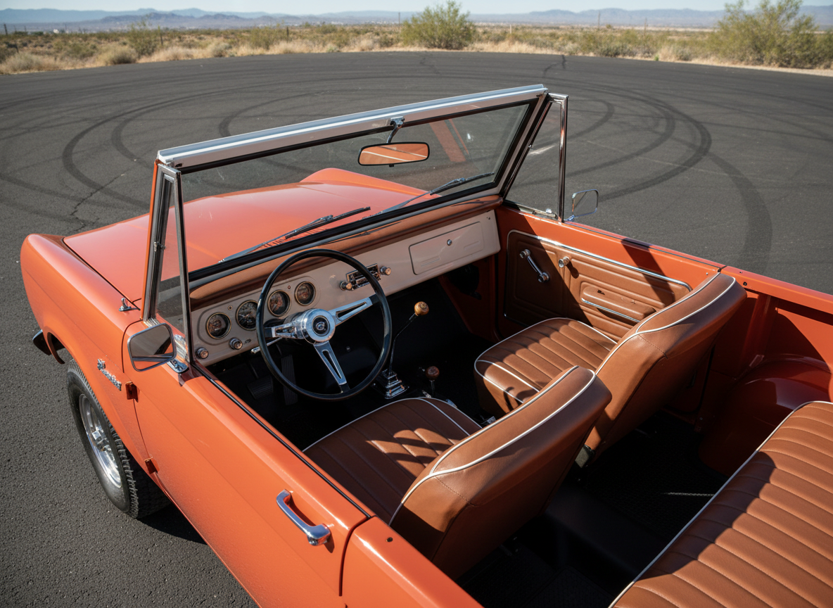 An overhead three-quarter shot of an early Ford Bronco with its white hardtop removed, revealing a meticulously detailed interior with saddle brown vinyl seats, restored dash with vintage gauges, and a pristine black steering wheel. The Bronco’s exterior is painted in a bold but tasteful burnt orange, set on a smooth, dark asphalt surface with subtle tire marks adding texture. Natural midday light from a clear sky illuminates the cabin evenly, highlighting the materials without harsh shadows. The background remains minimal and out of focus, drawing attention to the open cabin layout and cargo area. The photographic realism and clean, professional composition make this ideal for showcasing interior and open-top lifestyle potential.