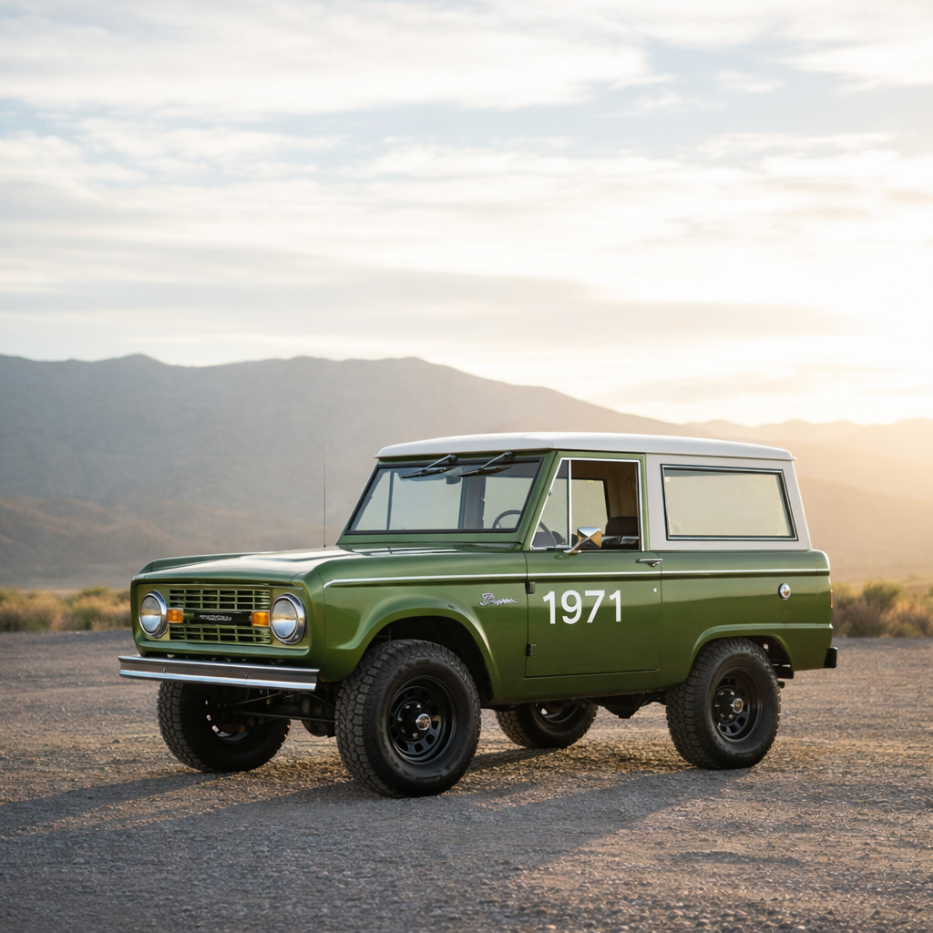 An early Ford Bronco with a tasteful mild off-road build, featuring a satin olive green paint job, black steel wheels with all-terrain tires, a modest lift, and a white hardtop, parked on a smooth gravel turnout overlooking a distant mountain range. The late afternoon sun casts a warm, directional light from the side, creating defined but soft shadows under the vehicle and subtle rim lighting along the roofline. The foreground shows textured gravel in sharp focus, while the background mountains and sky gradually blur, adding depth in photographic realism. The Bronco is framed in the lower third, emphasizing both the vehicle and the expansive landscape, conveying capability, adventure, and refined professionalism.