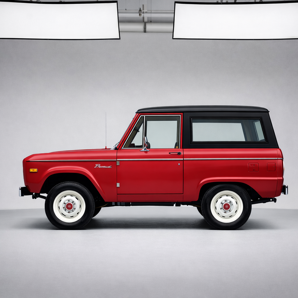 A minimalist, professional hero shot of a fully restored early Ford Bronco in classic Wimbledon white, positioned perfectly centered in a large, clean studio space with a seamless light gray backdrop. The vehicle is captured in full profile from the driver’s side, showcasing its timeless boxy silhouette, chrome mirrors, and period-correct steel wheels. Soft, even studio lighting from large diffusers above and to the side eliminates harsh shadows and provides gentle reflections on the glossy paint. The floor is a subtle matte concrete, barely visible, creating a floating effect. The overall mood is refined and gallery-like, emphasizing the Bronco as a premium, collectible centerpiece for a professional classic Bronco sales brand.